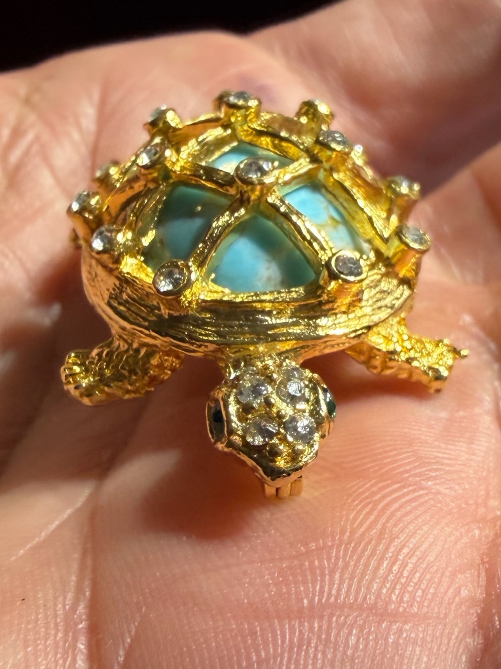 Vintage Maresca Gold-Tone Turtle Brooch Turquoise-Colored Cabochon & Crystals - Picture 2 of 6